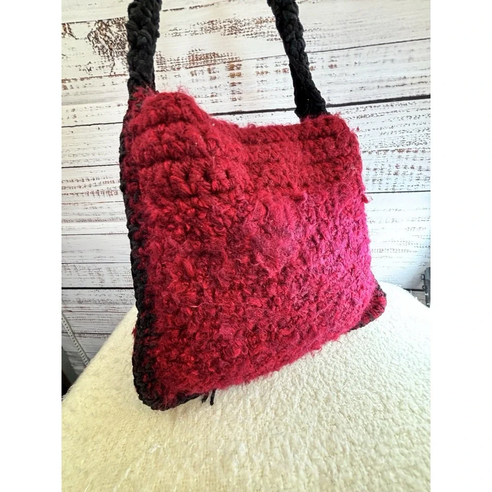 Handmade Crochet Purse Lined Red Black Fuzzy Whimsigoth Fairy Grunge Witchy